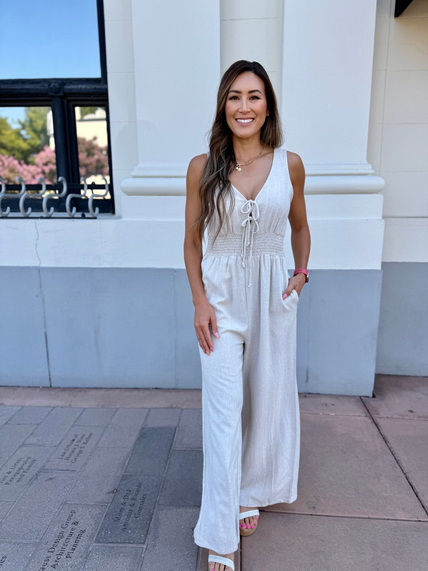 Linen Blend Tie Front Jumpsuit
