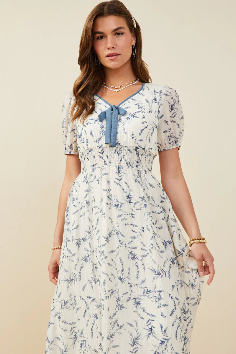Womens Bow Detail Smocked Waist Floral Dress