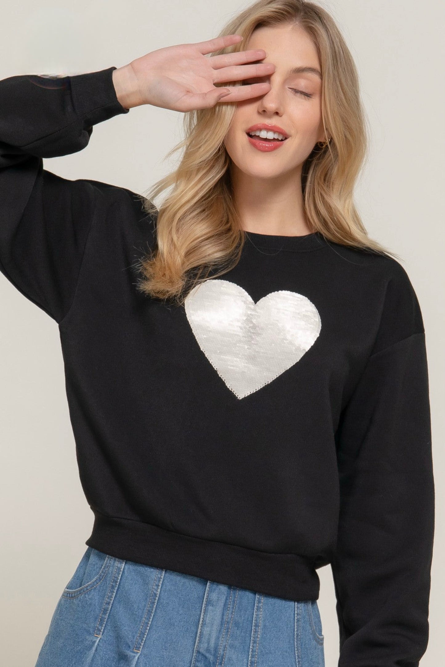 Oversized Sequin Heart Sweatshirt in Black