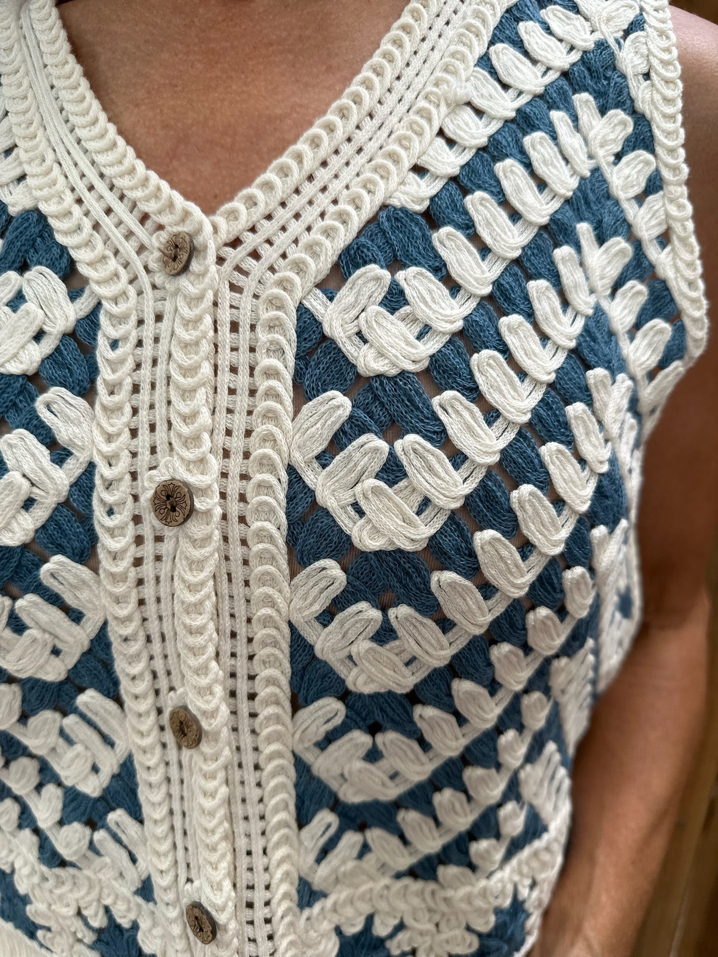 Blue/Cream Button Down Crochet Vest