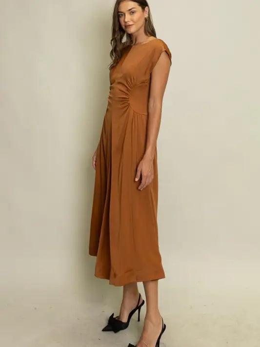 Satin Ruched Waist Midi Dress in Terracotta