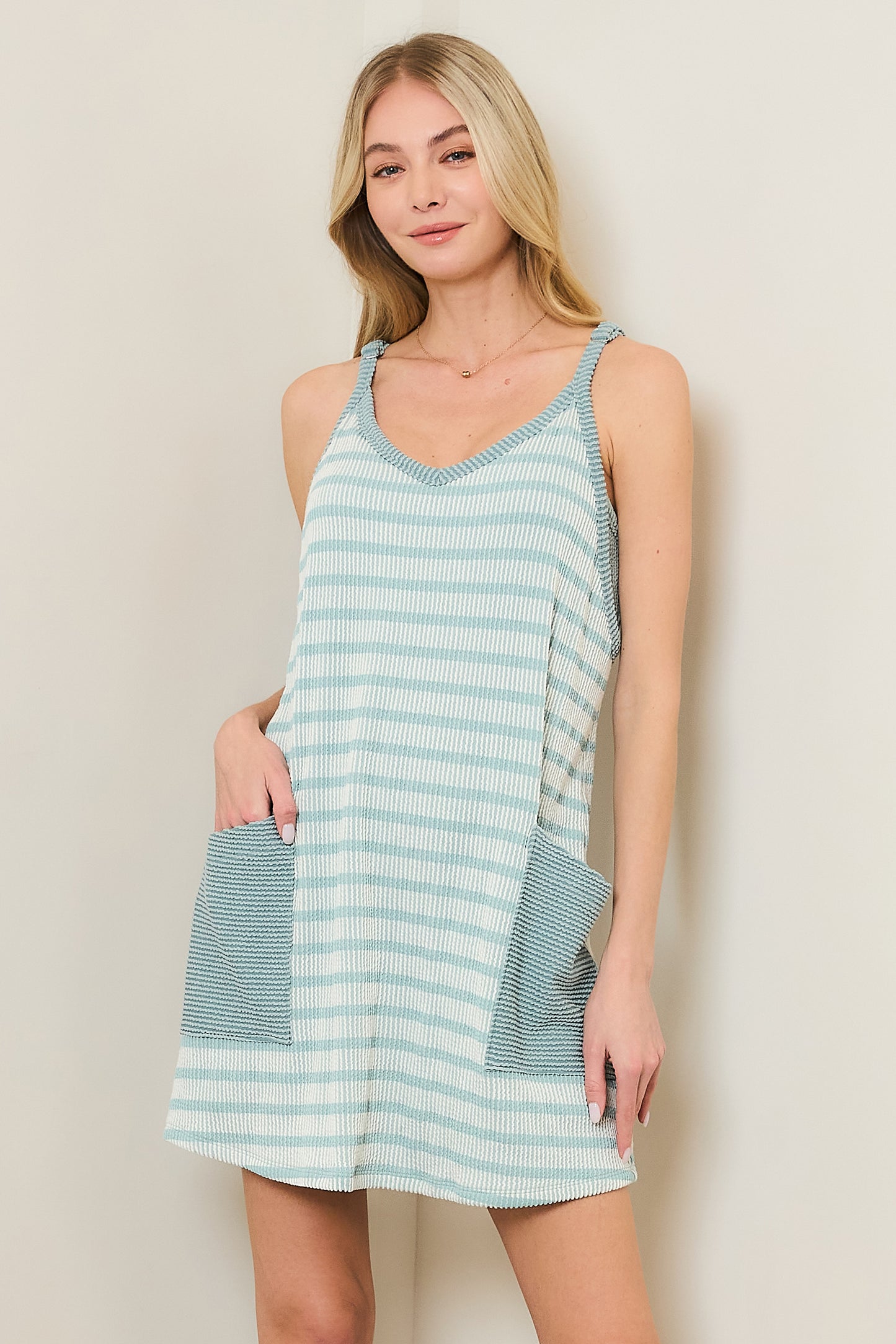 Wave Rib V-Neck Romper Dress