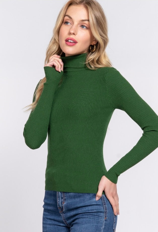 Solid Turtleneck Ribbed Top