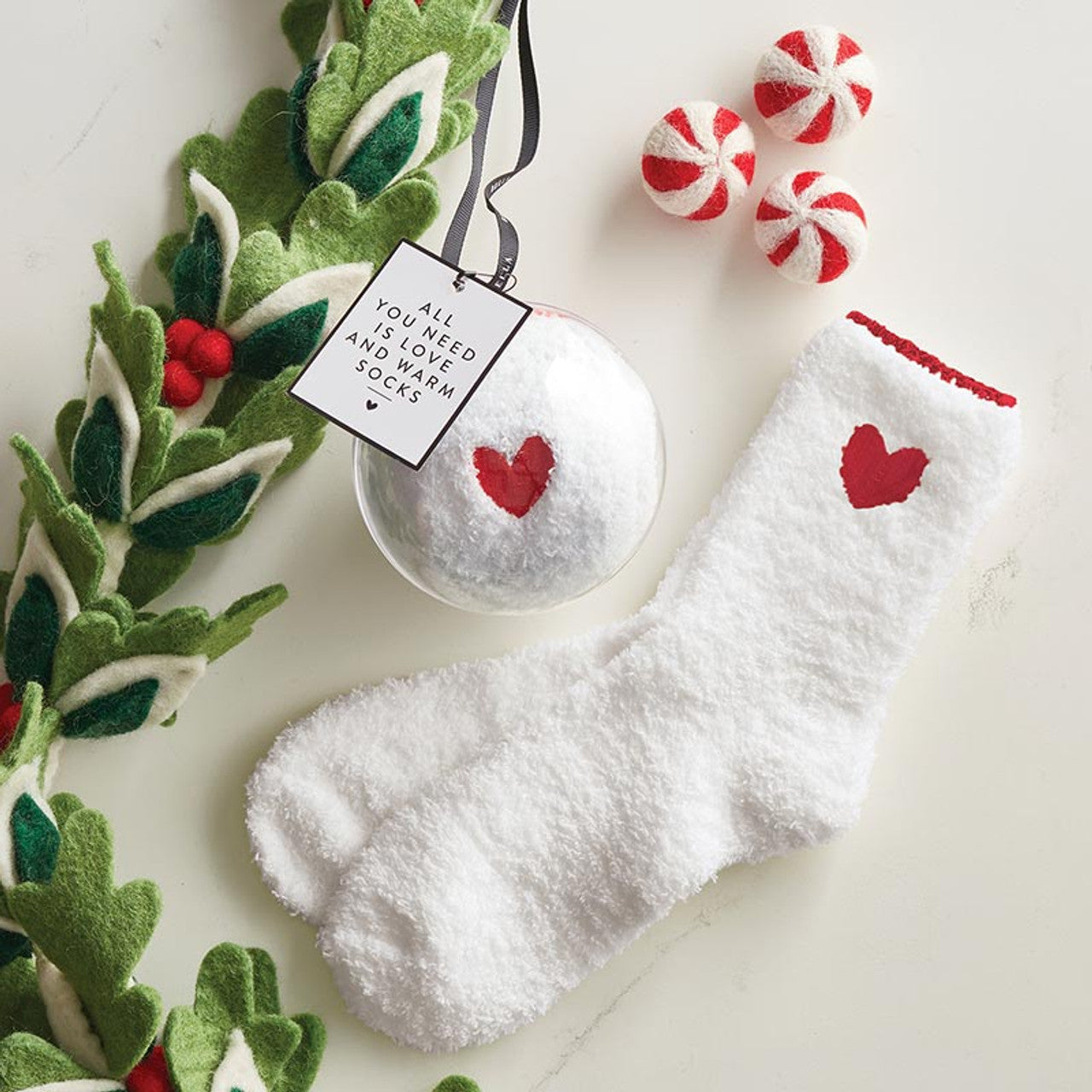Cozy Sock Ornament in White/Red