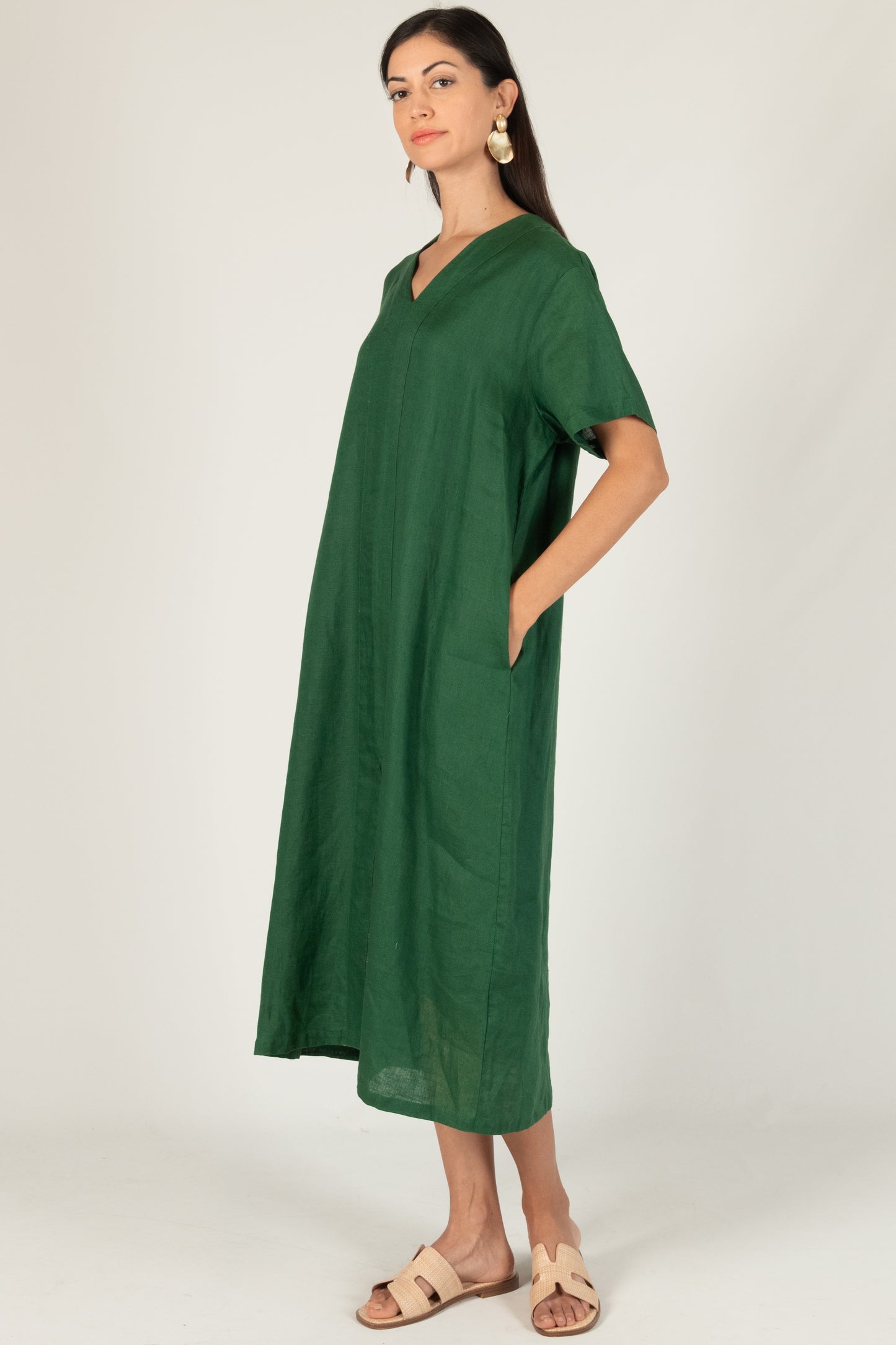 100% Linen Tracy Dress in Hunter