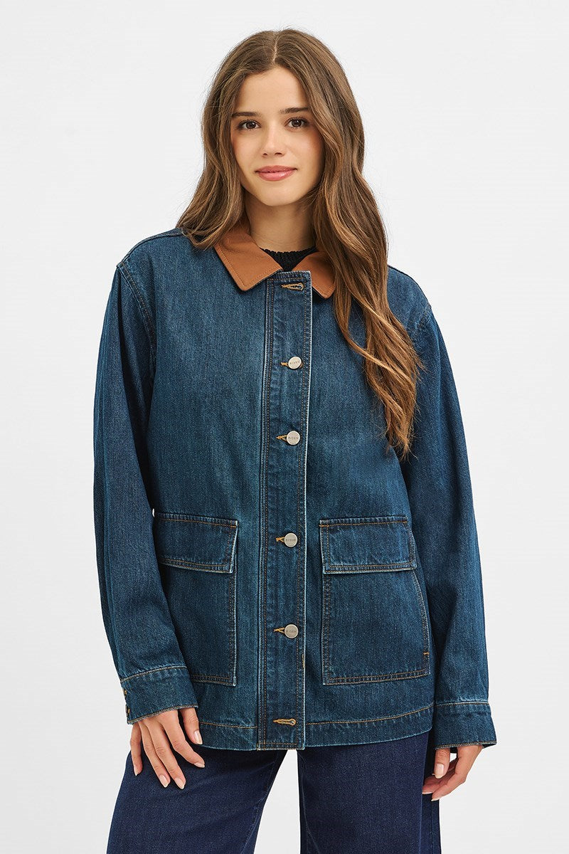 Leather Collar Contrast Jacket