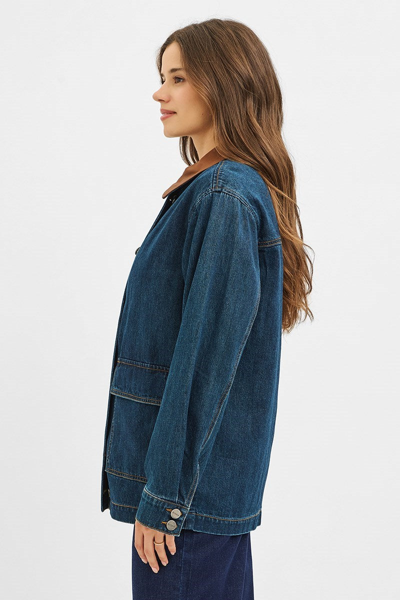 Leather Collar Contrast Jacket