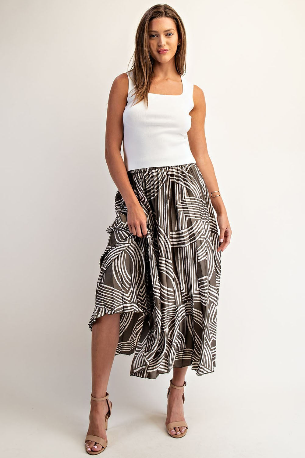 Abstract Print Pleated Midi Skirt