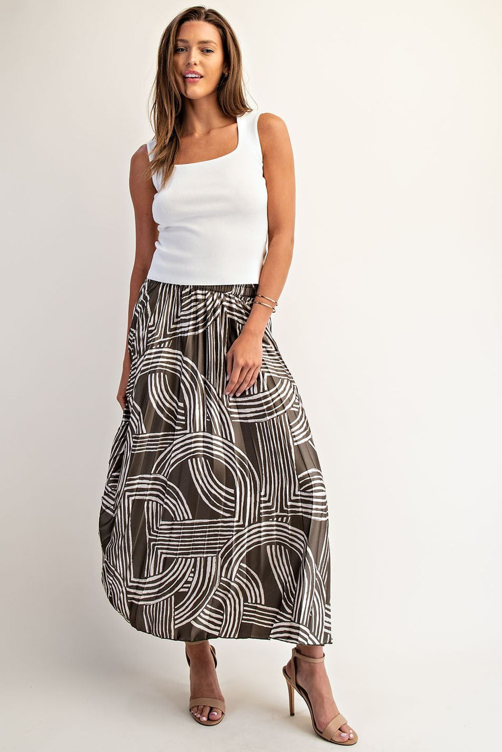Abstract Print Pleated Midi Skirt