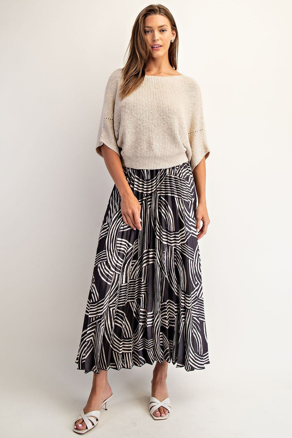 Abstract Print Pleated Midi Skirt