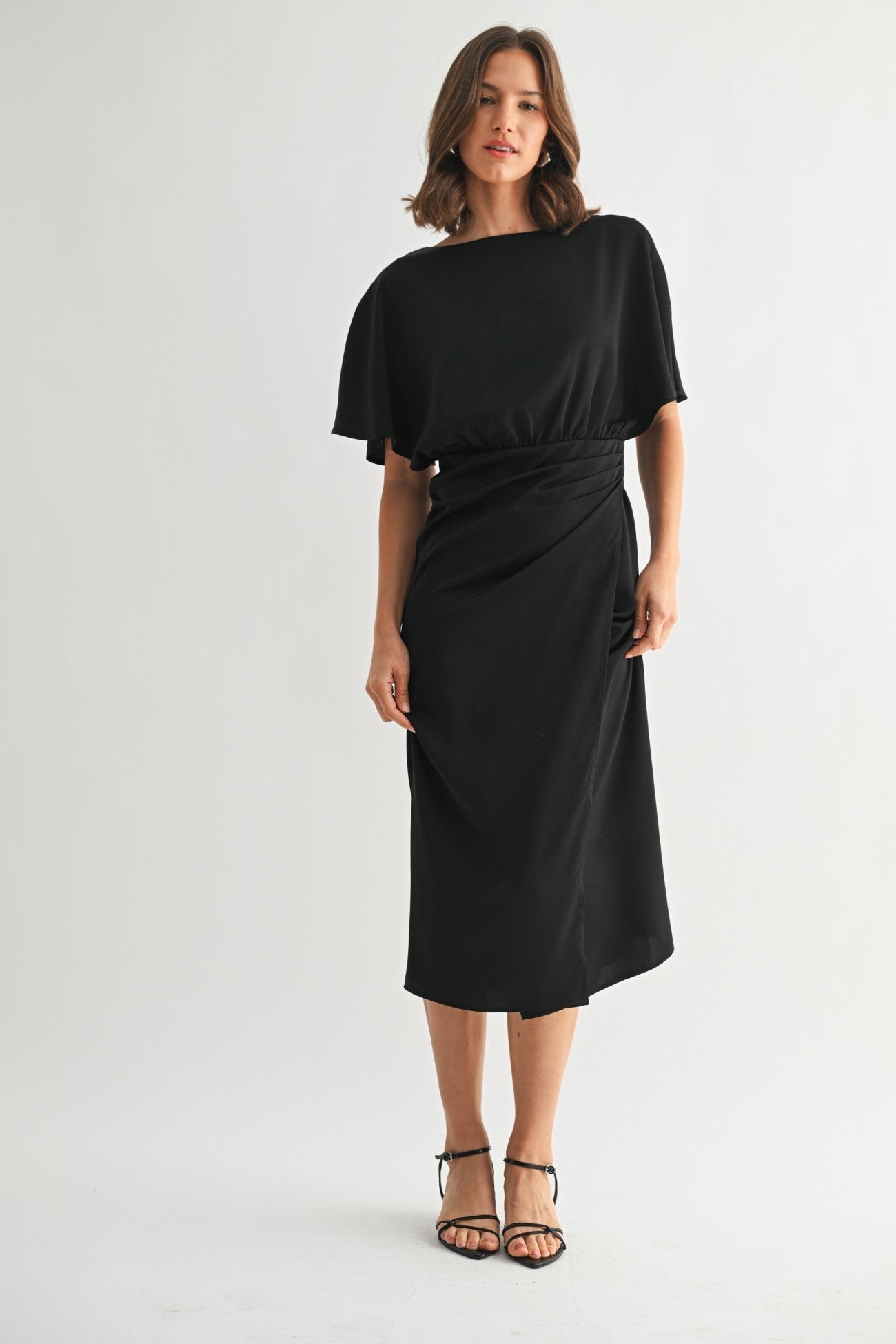 Satin Wrap Midi Dress in Black