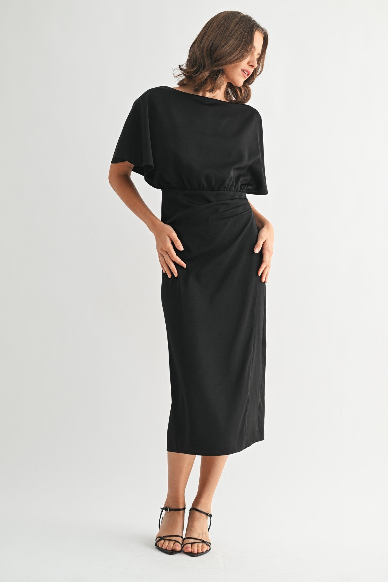 Satin Wrap Midi Dress in Black