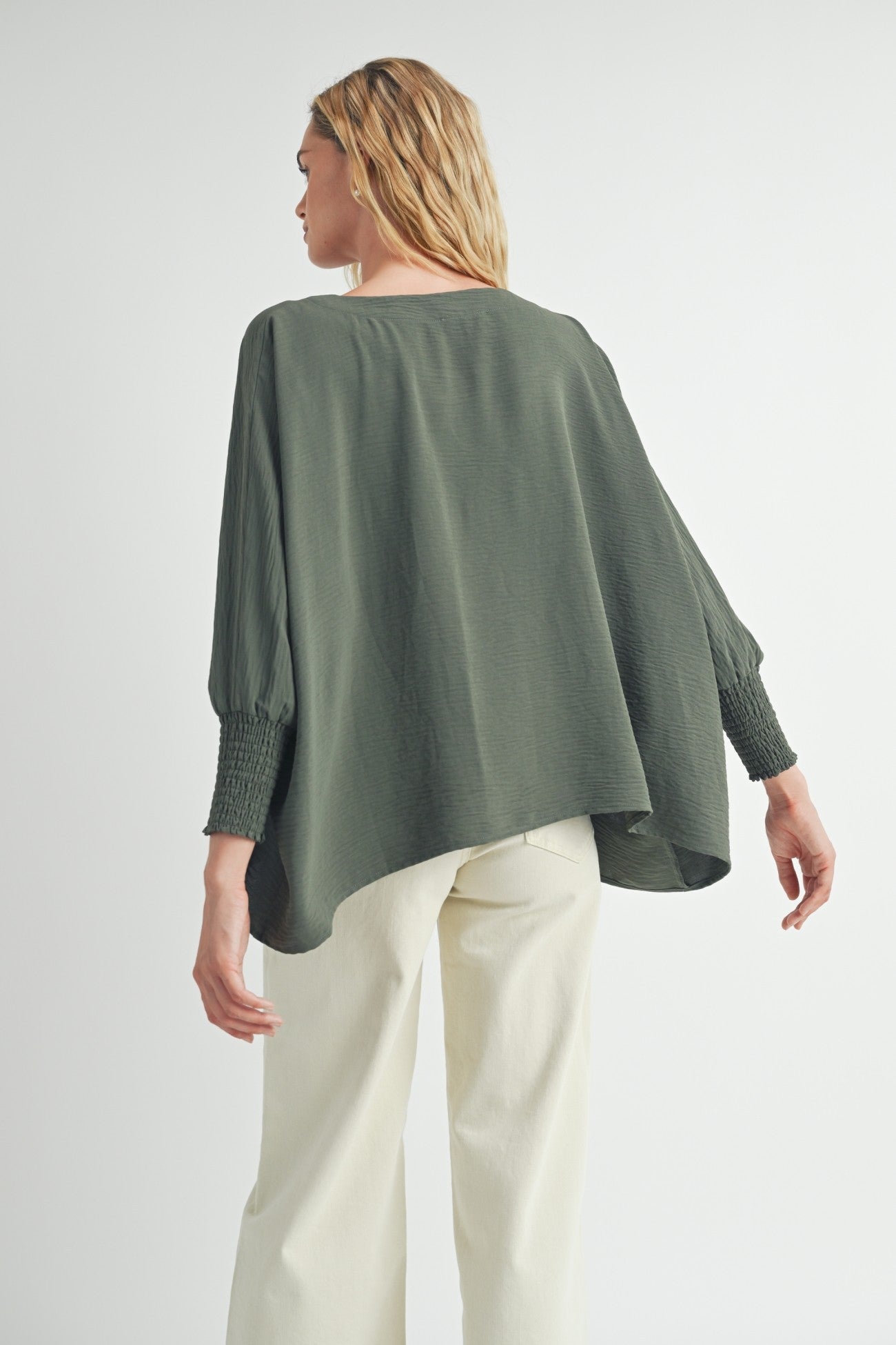 Oversized Top with Smocked Sleeves in Dk. Sage