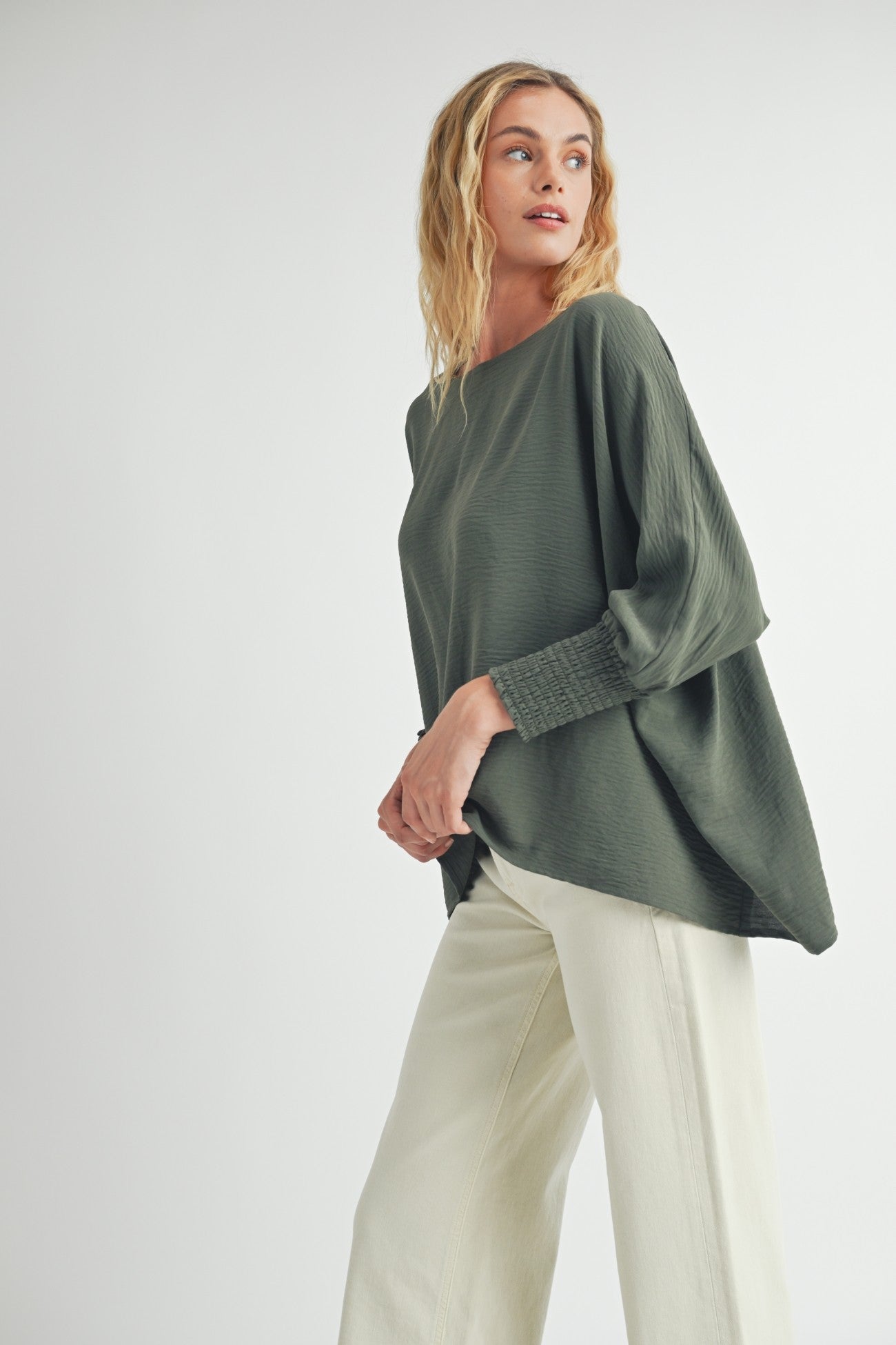 Oversized Top with Smocked Sleeves in Dk. Sage