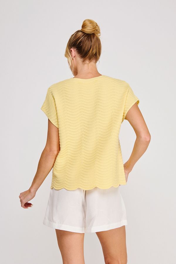 Fine Gauge Scallop Edge Knit Top in Yellow