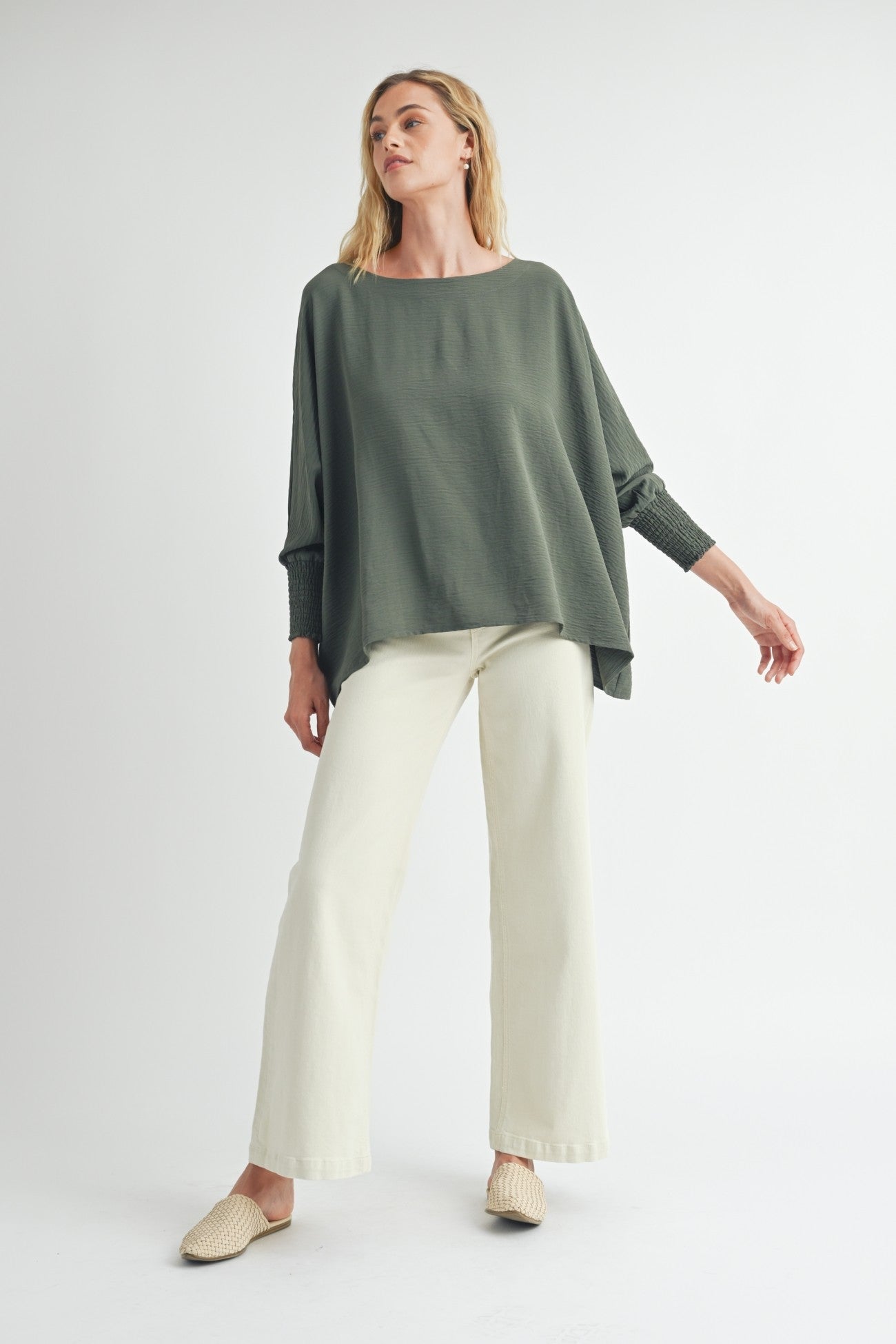 Oversized Top with Smocked Sleeves in Dk. Sage