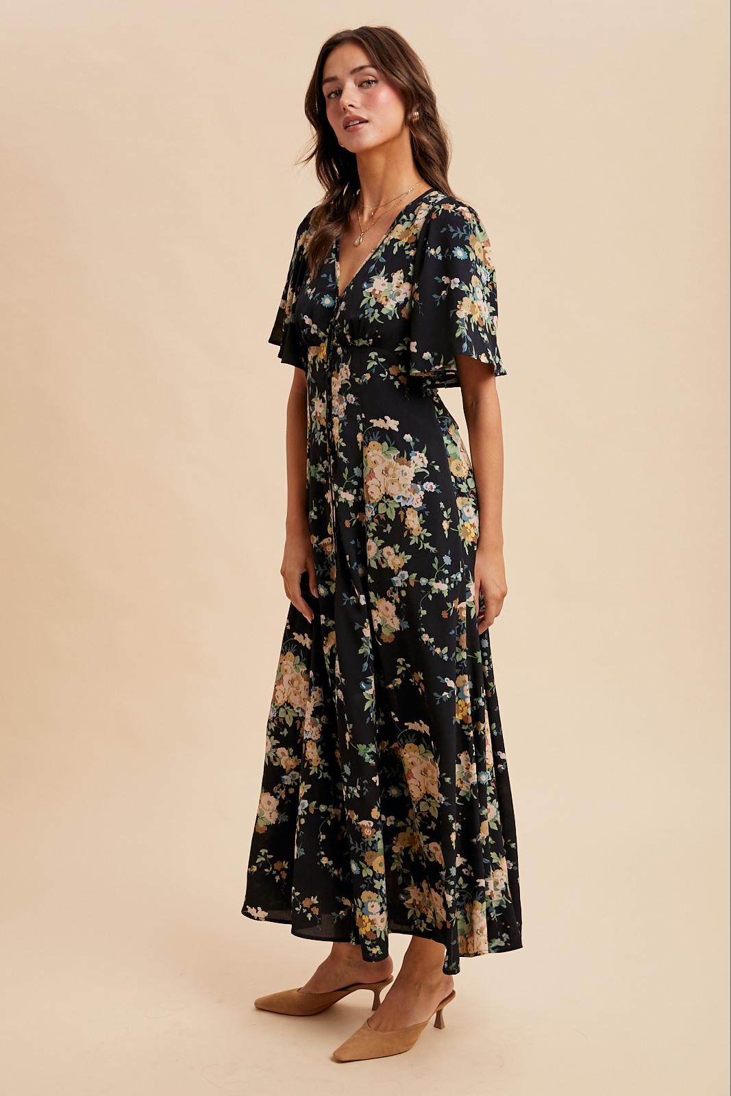 Floral Flutter Sleeve Maxi Dress