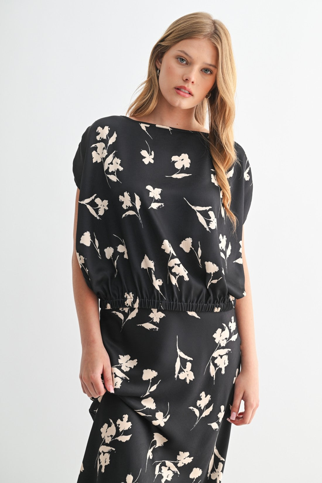 Flower Print Boat Neck Top