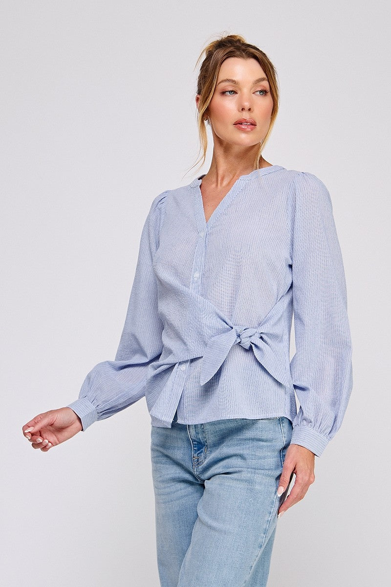 Stripe Wrap-Tie Blouse in Blue