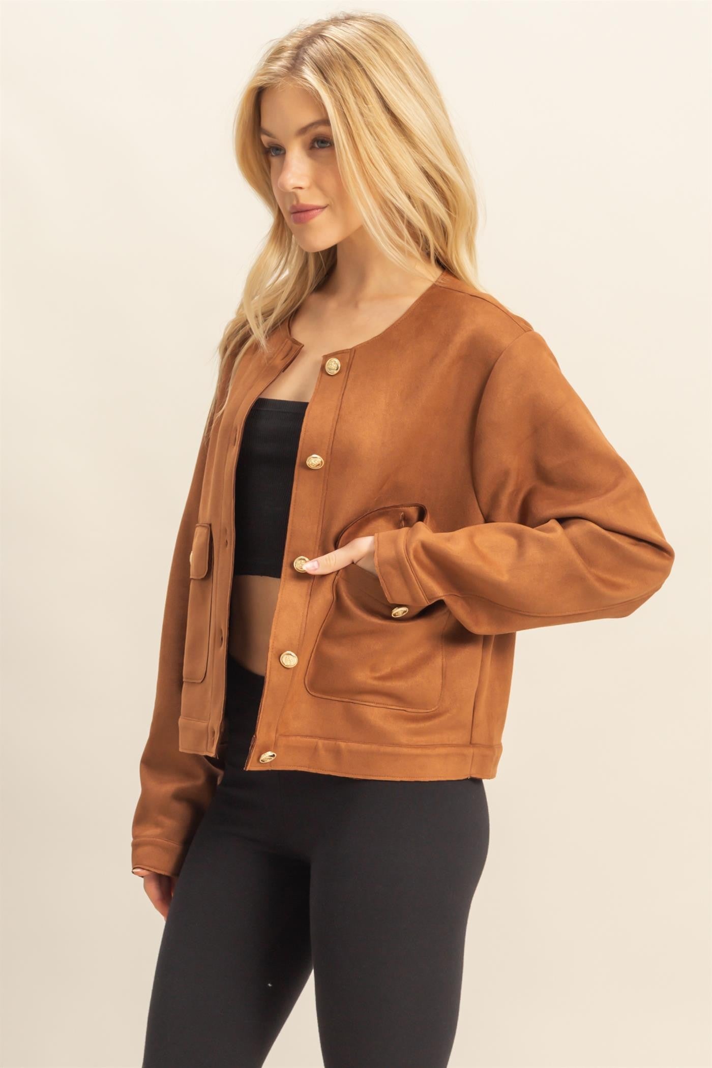 Suede Jacket with Gold Buttons in Cognac