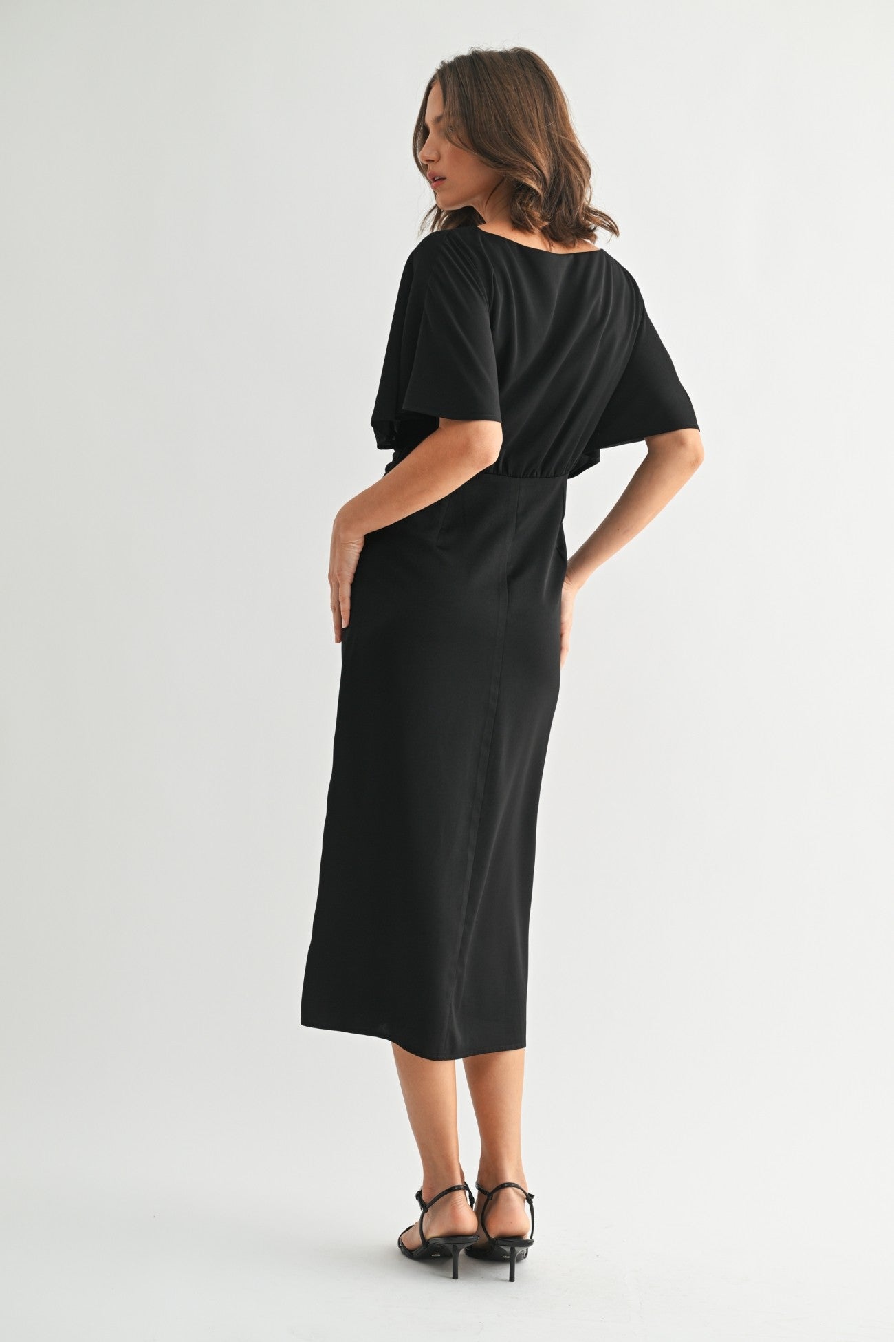Satin Wrap Midi Dress in Black
