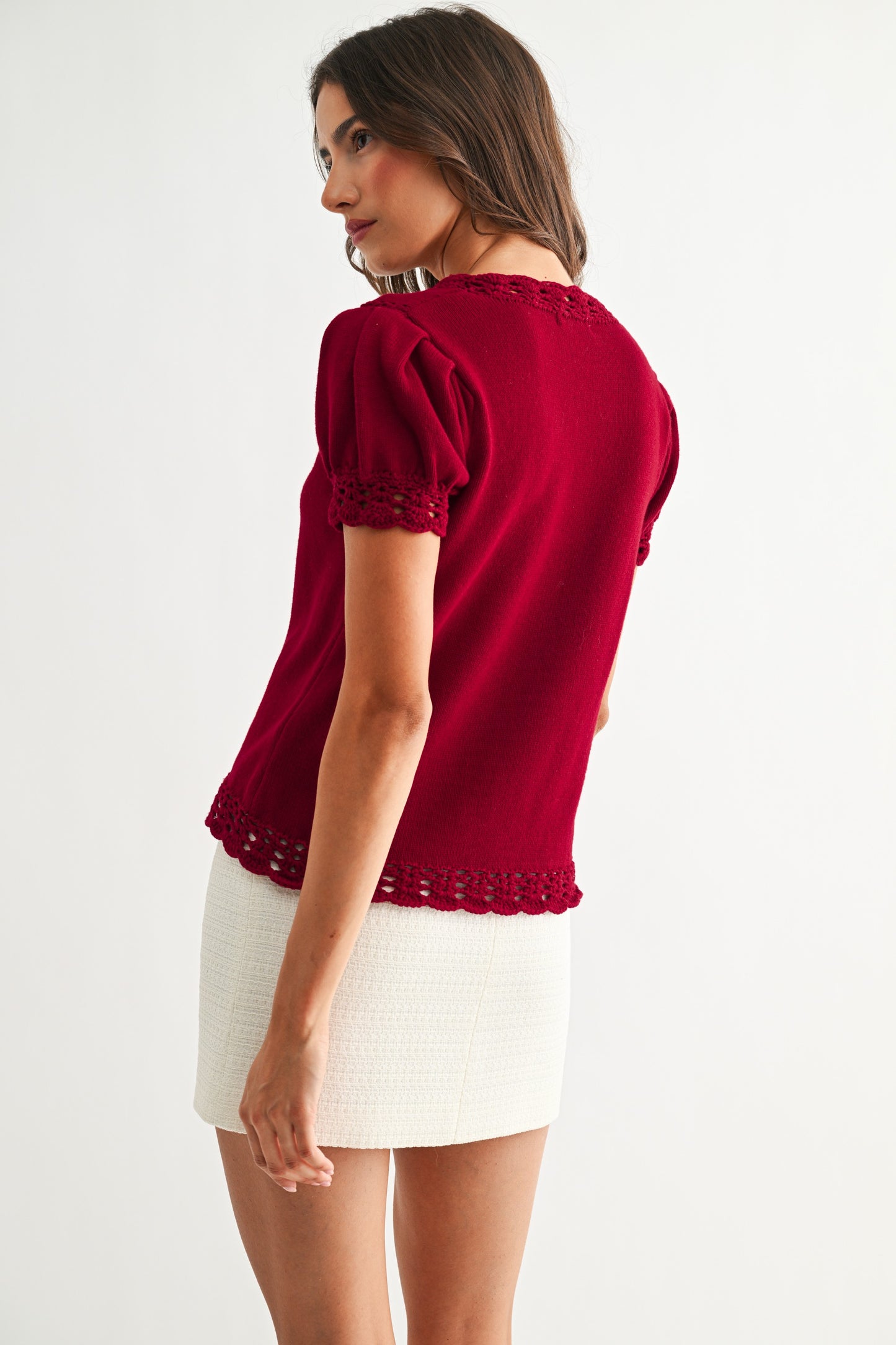 Scallop Trim Sweater in Crimson