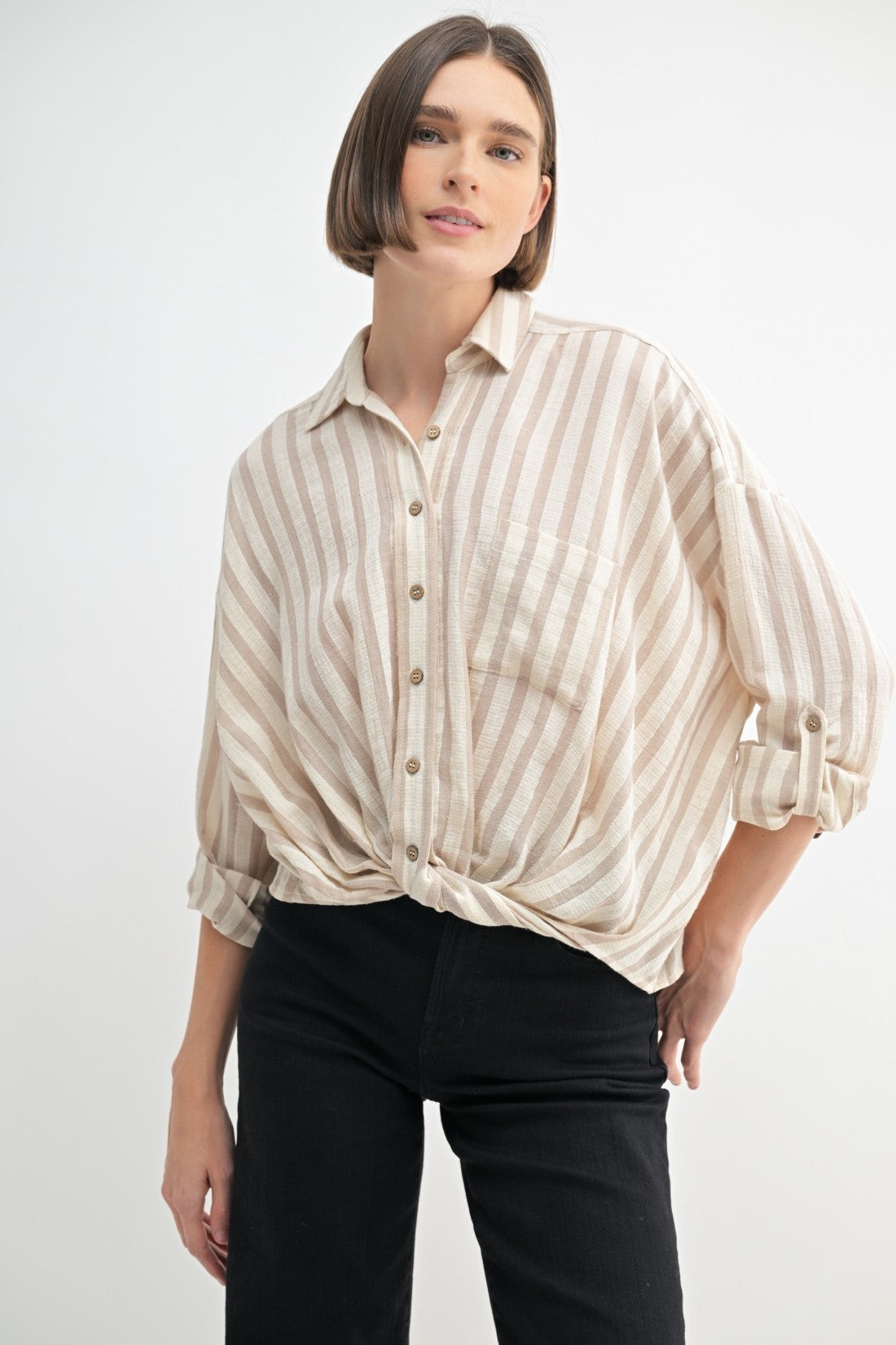 Twist Front Button Down Top in Taupe