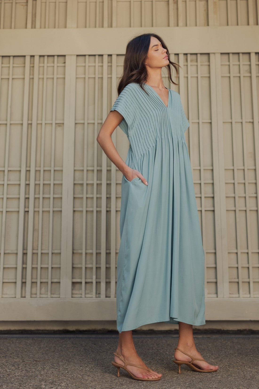 Pintuck Detail Dress in Sage