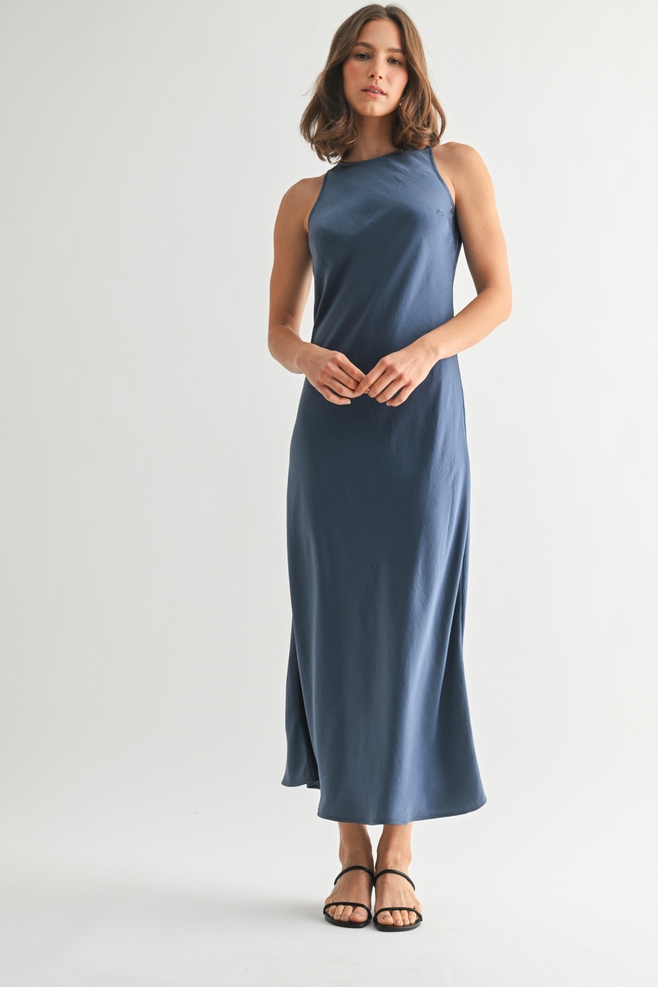 Satin Maxi Dress in Dusty Blue
