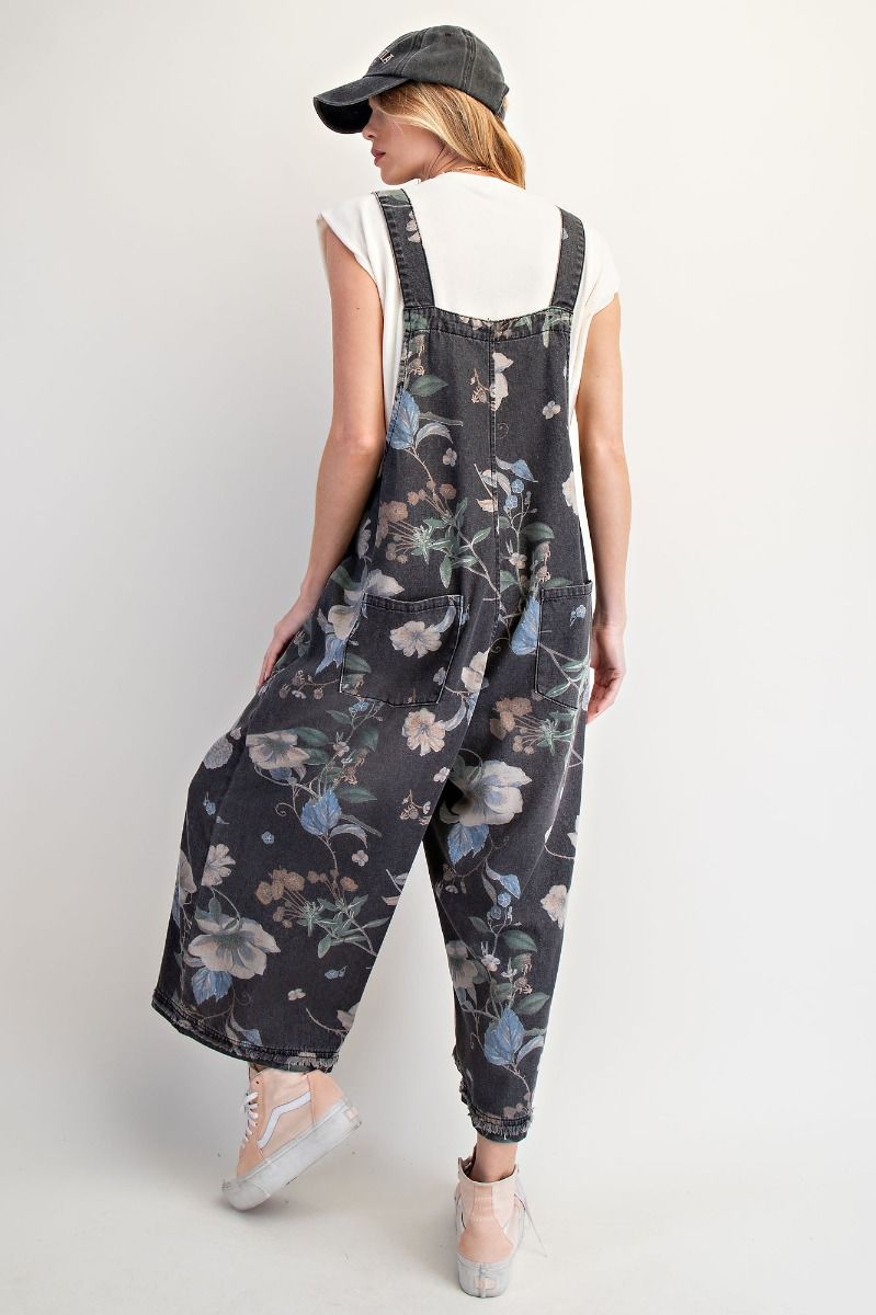 Oversized Flower Overalls in Black Denim