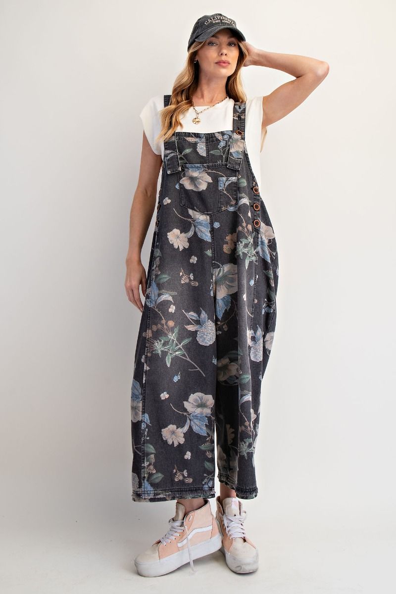 Oversized Flower Overalls in Black Denim