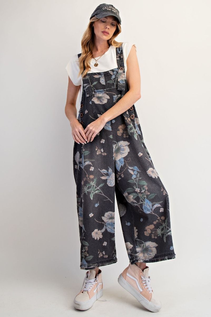 Oversized Flower Overalls in Black Denim