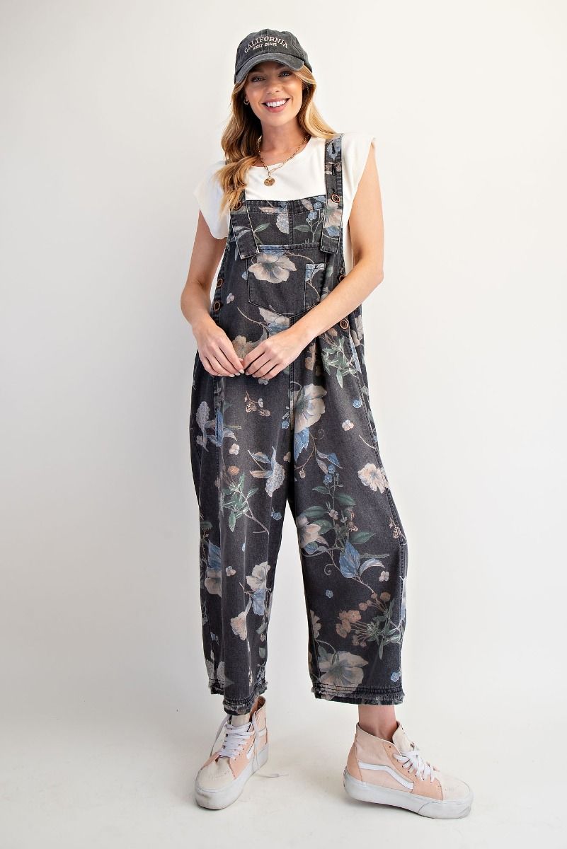Oversized Flower Overalls in Black Denim
