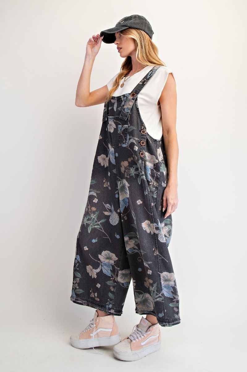 Oversized Flower Overalls in Black Denim