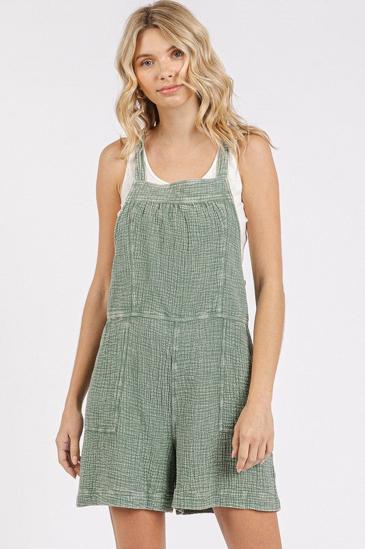 Mineral Wash Gauze Back Tie Romper in Sea Green