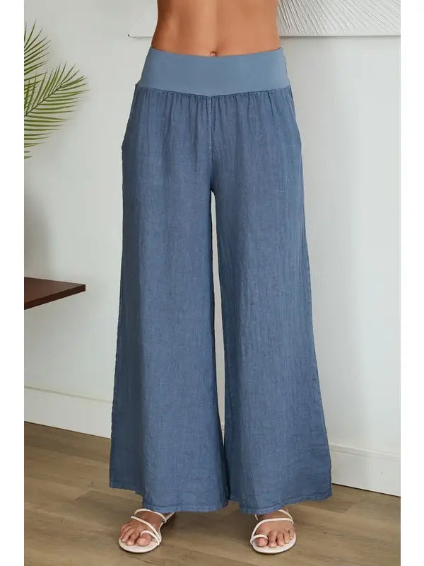 Wide Leg Linen Pants in Slate Blue