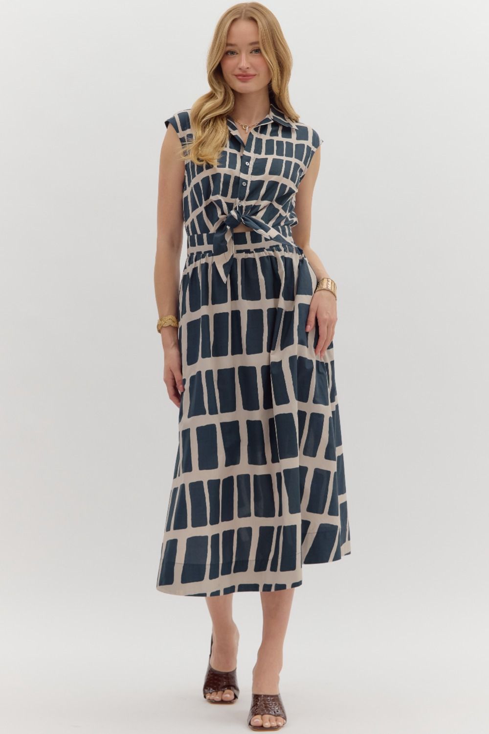 Abstract Print Sleeveless Midi Dress