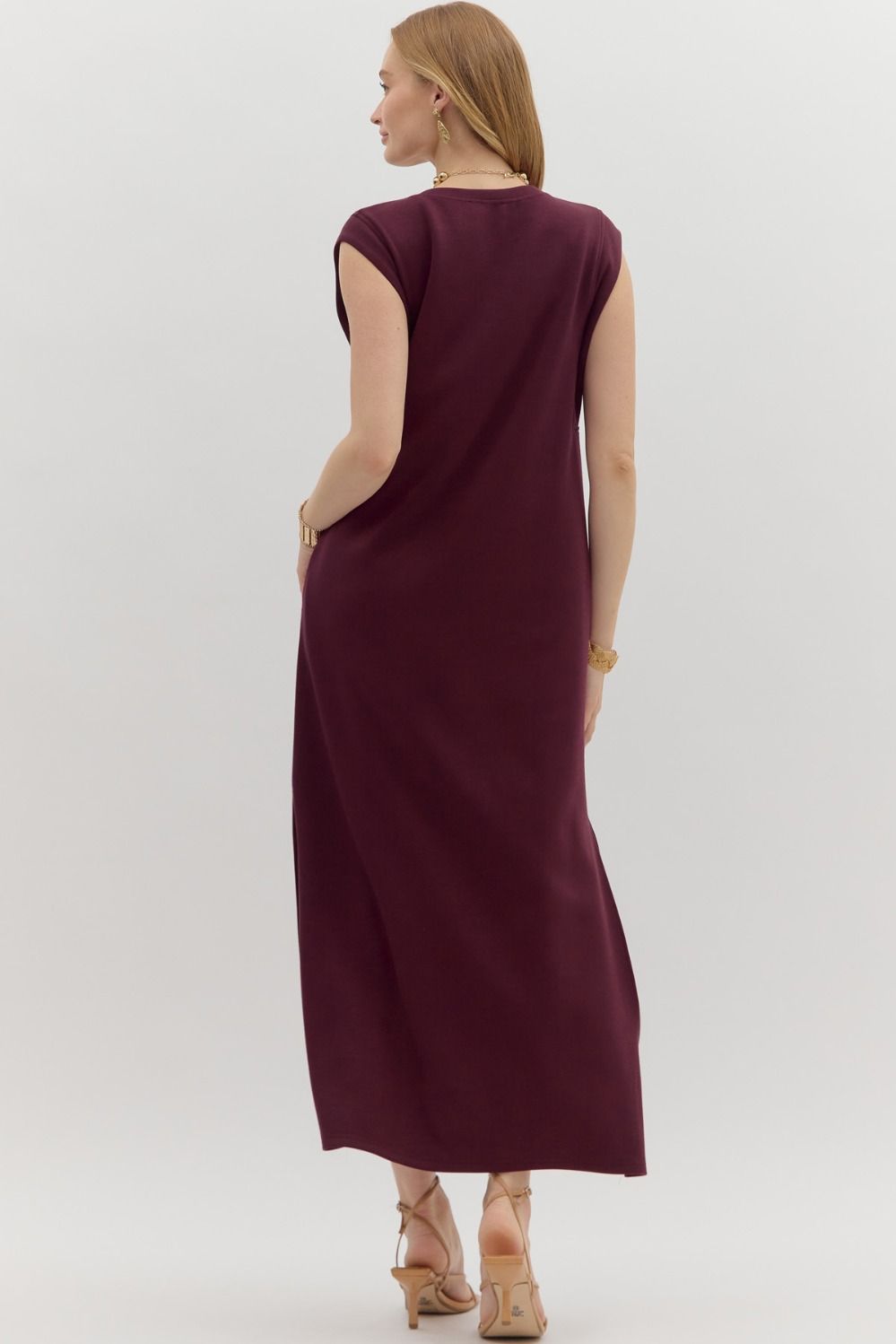 Solid Jersey Knit Pullover Midi Dress in Wine