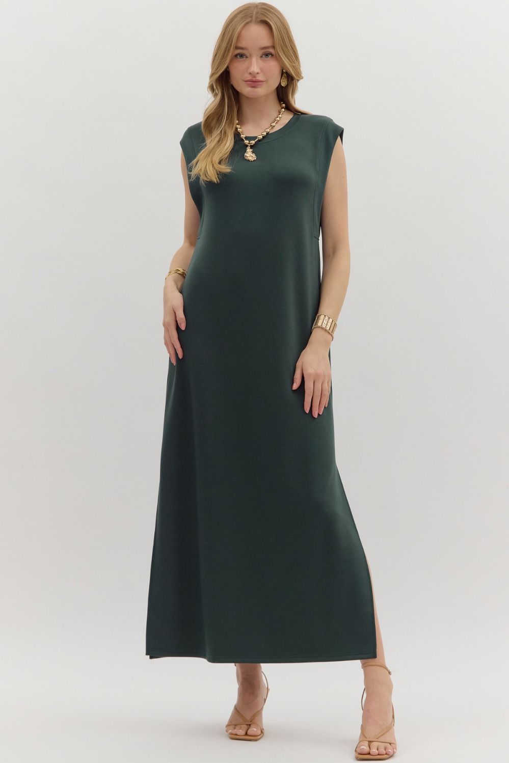 Solid Jersey Knit Pullover Midi Dress in Forest