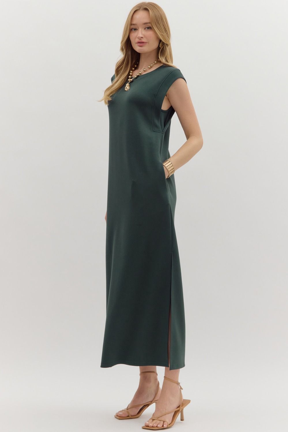 Solid Jersey Knit Pullover Midi Dress in Forest