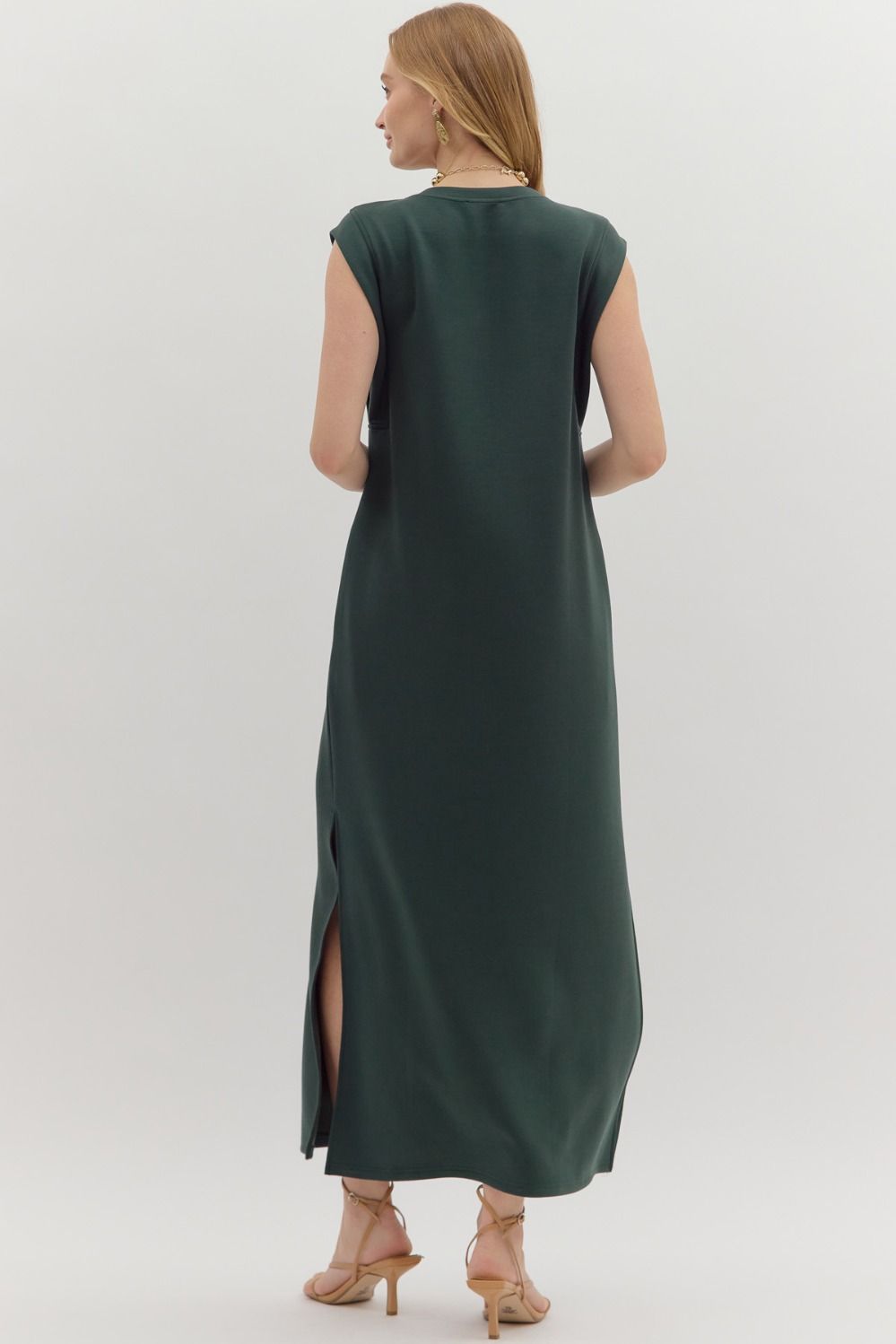 Solid Jersey Knit Pullover Midi Dress in Forest