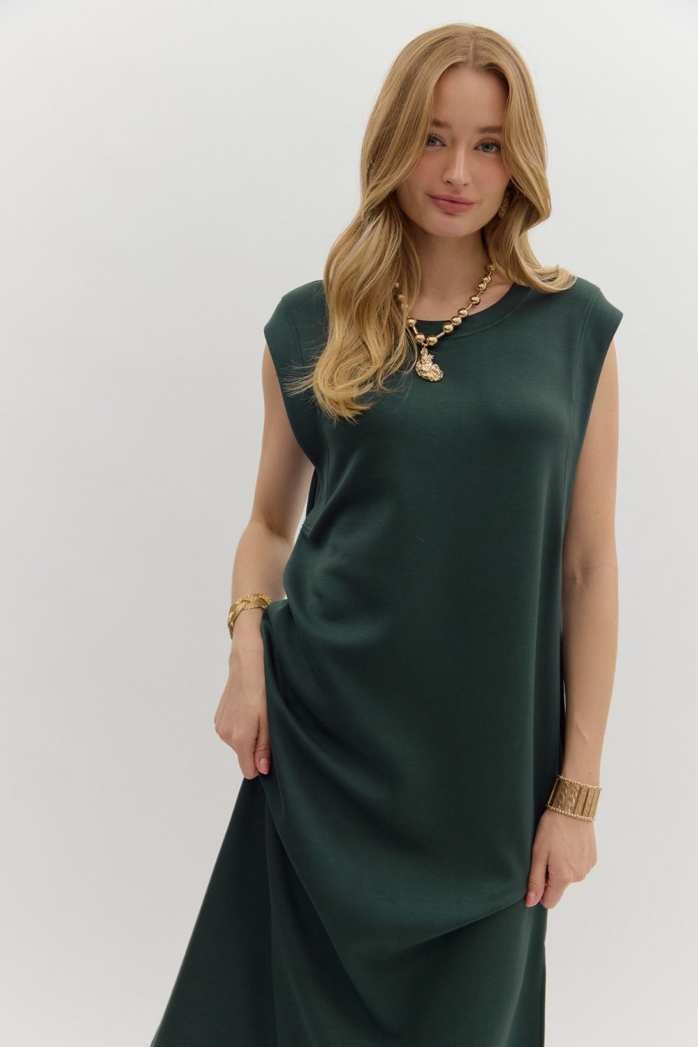 Solid Jersey Knit Pullover Midi Dress in Forest