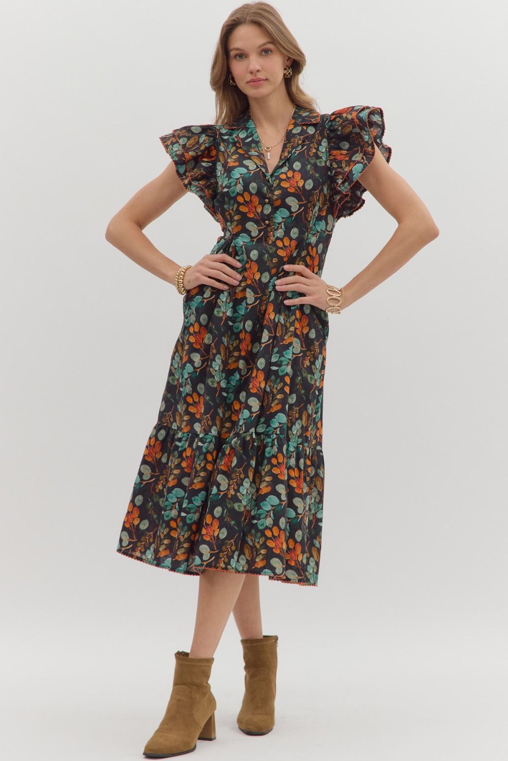 Botanical Print Pleated Midi Dress in Black
