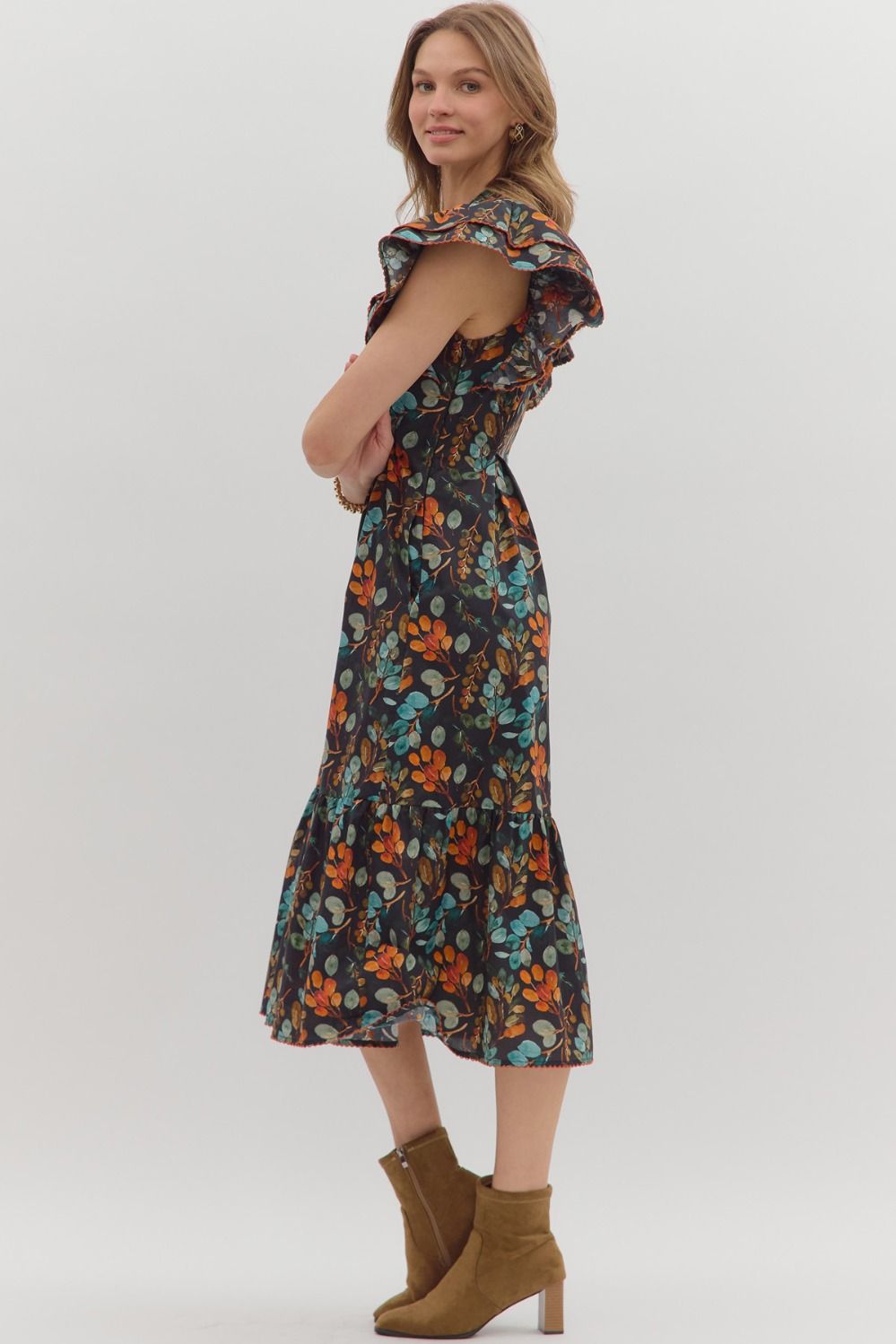 Botanical Print Pleated Midi Dress in Black