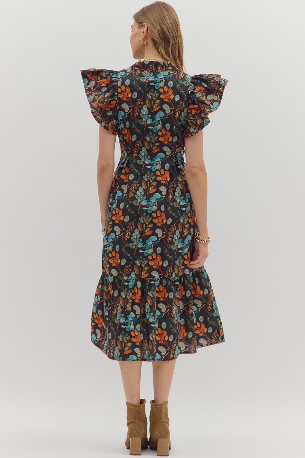 Botanical Print Pleated Midi Dress in Ecru
