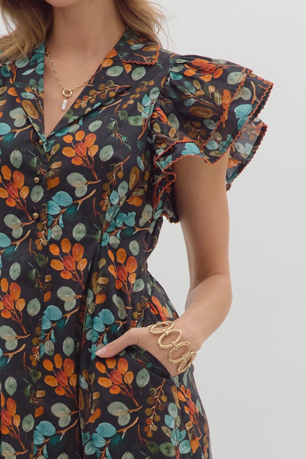 Botanical Print Pleated Midi Dress in Ecru