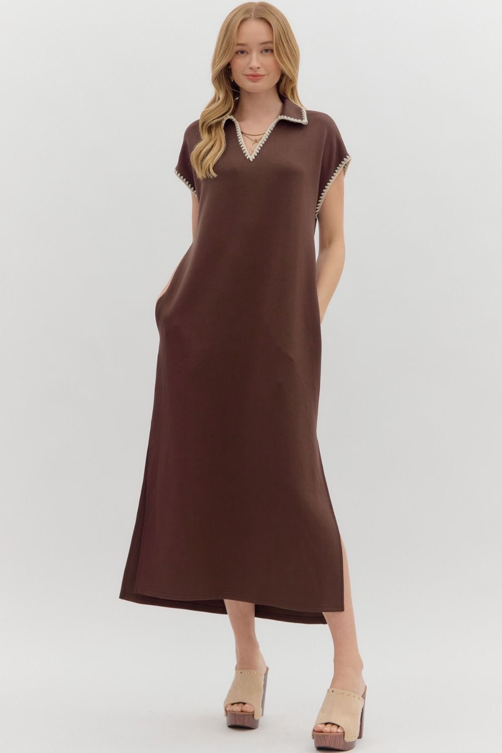 Jersey Maxi Dress with Collar in Brown