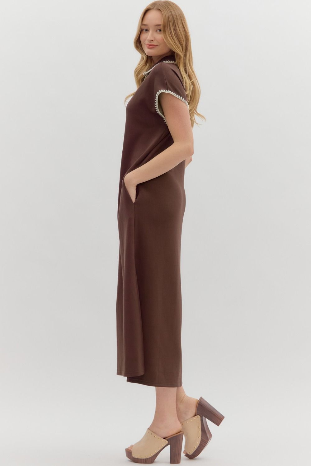 Jersey Maxi Dress with Collar in Brown