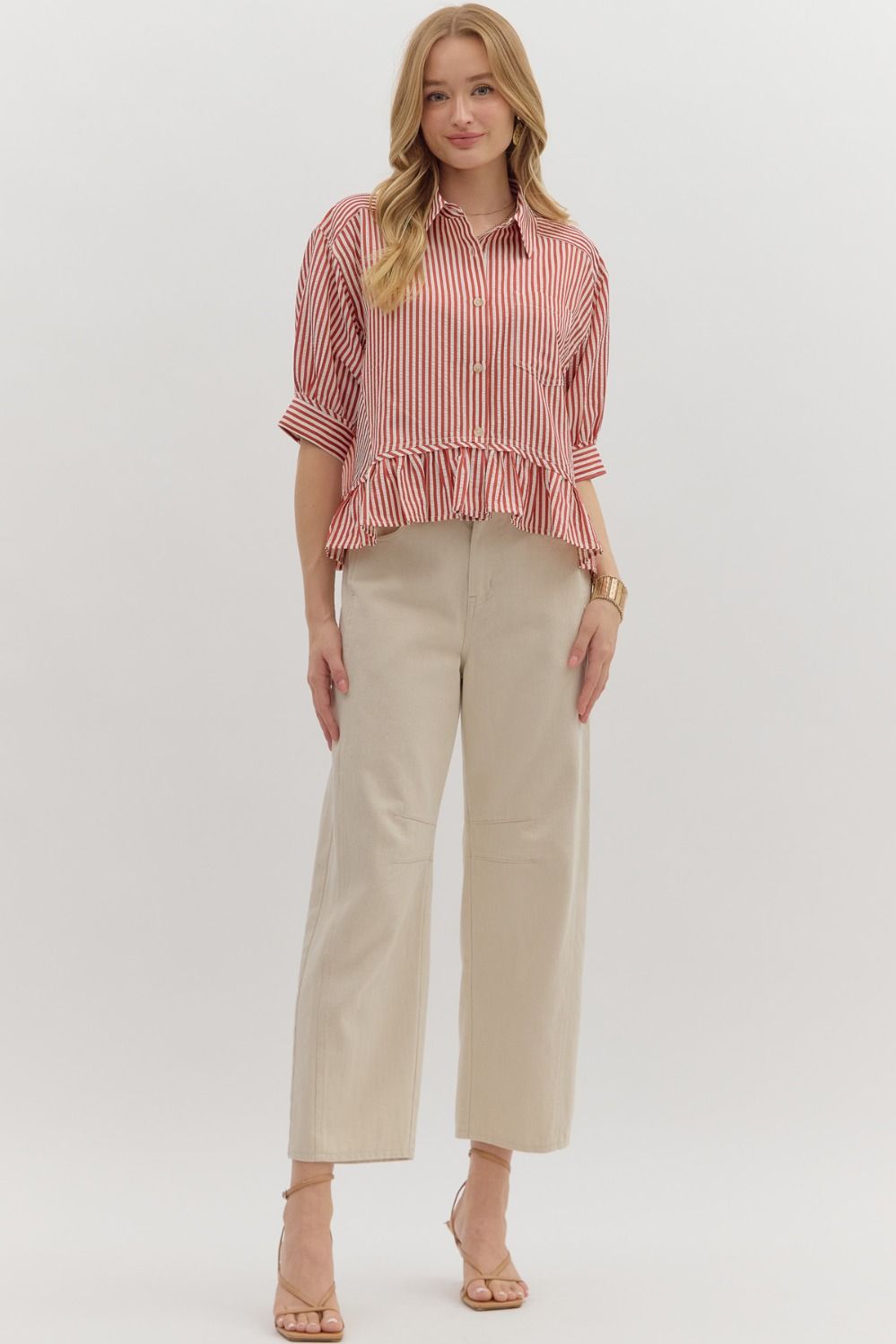 Stripe Pattern Ruffle Hem Top in Brick