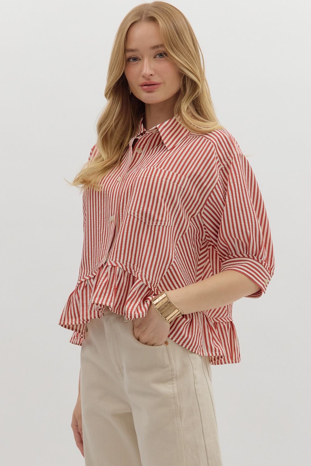 Stripe Pattern Ruffle Hem Top in Brick